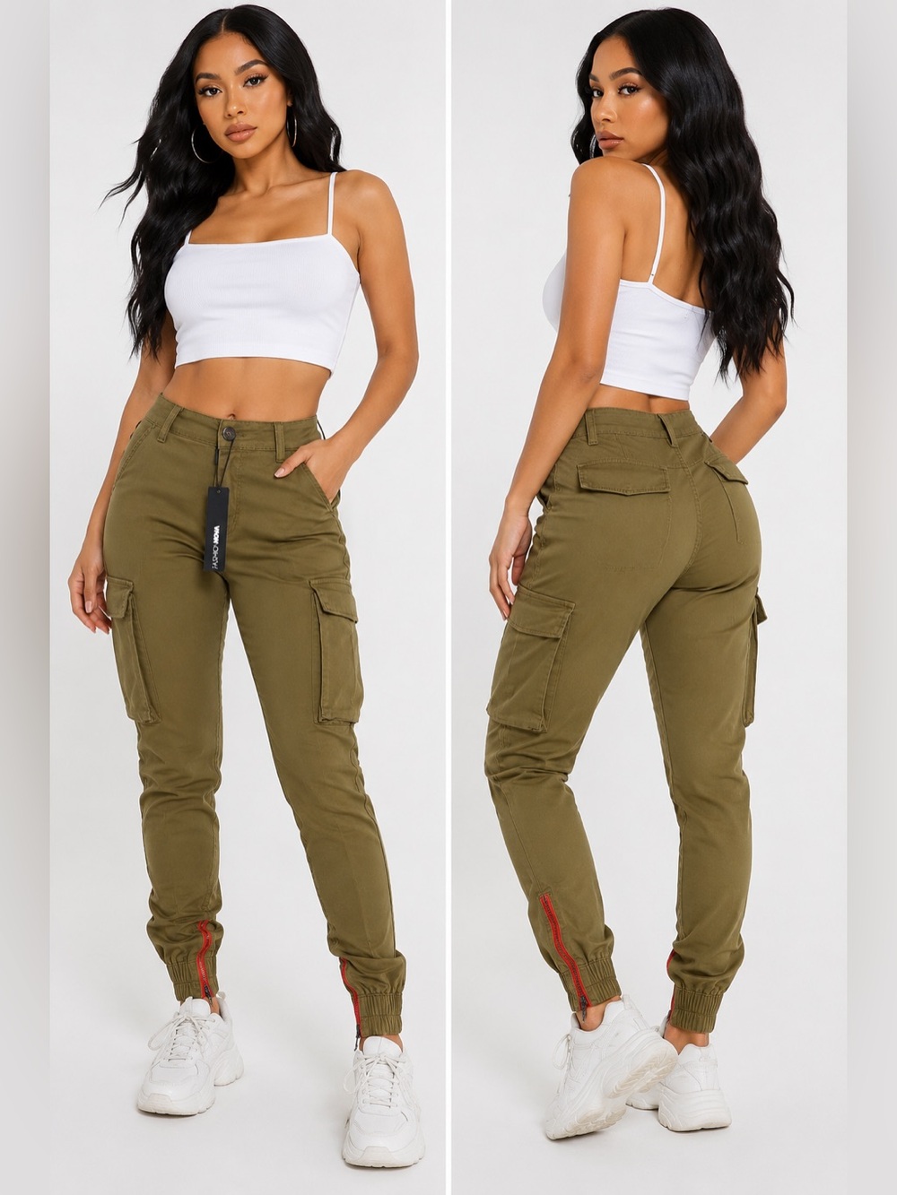 Fashion Nova Cargo Jogger Pants Women Medium Khaki Utility Stretch New
